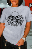 Grijze casual print patchwork schedel O-hals T-shirts