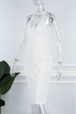Белые сексуальные однотонные прозрачные платья в стиле пэчворк с разрезом и лямкой на шее