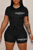 Black Casual Letter Print Basic O Neck Short Sleeve Two Pieces T-shirt Tops And Short Set
