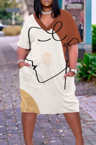 Светло-абрикосовый Повседневный принт Пэчворк Базовое платье с V-образным вырезом и короткими рукавами Платья больших размеров