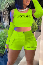 Fluorescent Green Casual Street Print Patchwork O Neck Two Pieces(Including The Sleeve)