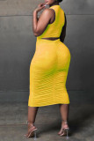 Vestidos de falda de un paso con cuello en O de patchwork rasgado sólido sexy amarillo