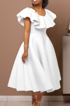 ホワイトエレガントソリッドパッチワークフラウンスOネックイブニングドレスドレス