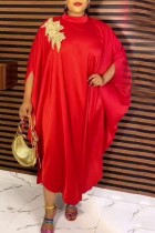 Красное повседневное однотонное пэчворк длинное платье с высоким воротником Платья больших размеров