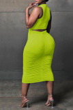 Green Sexy Solid Ripped Patchwork O Neck One Step Skirt Dresses