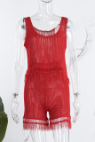 Red Sexy Solid Tassel Patchwork See-through O Neck Sleeveless Two Pieces