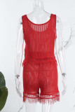 Red Sexy Solid Tassel Patchwork See-through O Neck Sleeveless Two Pieces