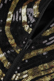 Zwarte elegante pailletten patchwork veren V-hals kokerrokjurken