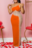 Vestidos de saia única com gola oblíqua em patchwork sexy laranja sexy