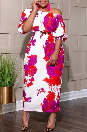 Red Casual Print Patchwork Off the Shoulder Long Dress Plus Size Dresses