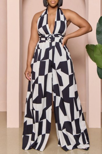 Black White Sexy Casual Print Bandage Backless Halter Regular Jumpsuits