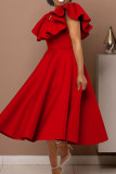 Красные элегантные однотонные вечерние платья в стиле пэчворк с оборками и круглым вырезом Платья