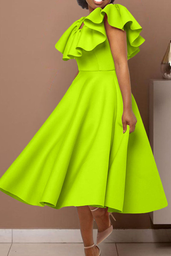 Fruchtgrüne, elegante, solide Patchwork-Volant-O-Ausschnitt-Abendkleider