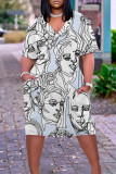 Hellgrün Casual Print Patchwork Basic V-Ausschnitt Kurzarm Kleid Kleider in Übergröße