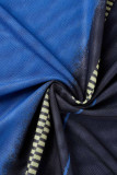 Vestidos de falda de lápiz con cuello en O transparente de patchwork con estampado sexy azul