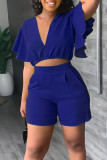 Blue Casual Solid Patchwork Flounce V Neck Short Sleeve Two Pieces