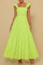 Fluorescerande Grön Sexig Solid rygglös fyrkantig krage långa klänningar