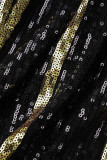 Schwarze elegante Pailletten Patchwork Federn V-Ausschnitt Bleistiftrock Kleider