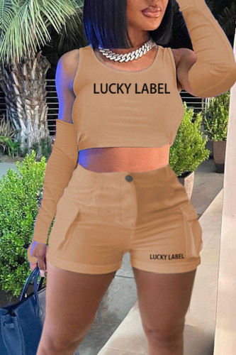 Khaki Casual Street Print Patchwork O Neck Two Pieces(Including The Sleeve)