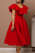 Vestido de noche con cuello en O y volantes de retazos sólidos elegantes rojos Vestidos