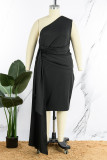 Schwarzes, lässiges, festes, rückenfreies Patchwork-Kleid mit schrägem Kragen, ärmelloses Kleid in Übergröße