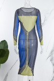 Vestidos de falda de lápiz con cuello en O transparente de patchwork con estampado sexy azul