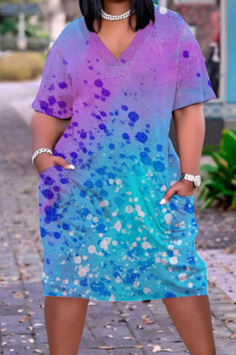 Purplish Blue Casual Print Tie Dye Patchwork V Neck Short Sleeve Dress Plus Size Dresses