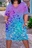 Blau Casual Print Tie Dye Patchwork V-Ausschnitt Kurzarm Kleid Kleider in Übergröße