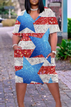 Голубое повседневное платье с принтом в стиле пэчворк Базовое платье с коротким рукавом с v-образным вырезом Платья больших размеров