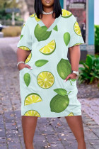 Cyan Green Casual Print Patchwork Basic V Neck Short Sleeve Dress Plus Size Dresses