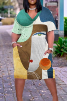 Коричневый Повседневный принт Пэчворк Базовое платье с V-образным вырезом и короткими рукавами Платья больших размеров
