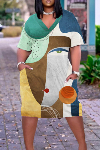 Brown Casual Print Patchwork Basic V Neck Short Sleeve Dress Plus Size Dresses