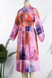 Rose rouge élégant imprimé patchwork col Mandarin robe imprimée robes