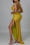 Vestido largo con correa de espagueti con abertura sin espalda con frenillo de cordón sólido sexy amarillo Vestidos