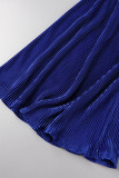 Macacão reto azul casual patchwork sólido com gola de fita dobrada