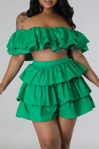 Green Sexy Casual Solid Patchwork Backless Off the Shoulder Short Sleeve Two Pieces