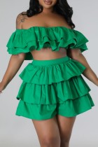 Зеленый сексуальный повседневный однотонный пэчворк с открытой спиной с открытыми плечами с коротким рукавом из двух частей