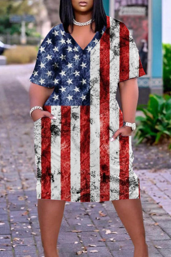 Red Casual Flag Star Print Patchwork V Neck Short Sleeve Plus Size Loose T-shirt Dresses