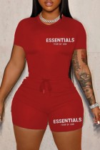 Red Casual Letter Print Basic O Neck Short Sleeve Two Pieces T-shirt Tops And Short Set