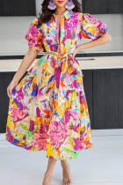マルチカラー カジュアル プリント パッチワーク ターンダウン カラー 半袖 ドレス ドレス