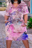Rose violet imprimé décontracté tie-dye patchwork col en V robe à manches courtes robes de grande taille
