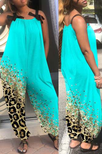 Lake Blue Casual Print Patchwork Spaghetti Strap Loose Jumpsuits
