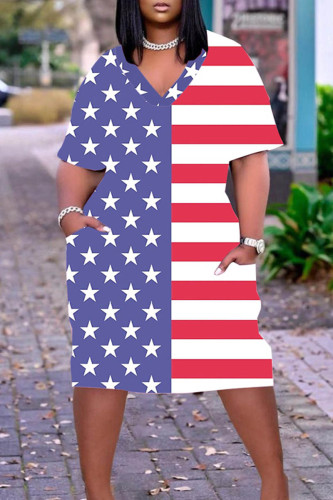Royal Blue Casual Flag Star Print Patchwork V Neck Short Sleeve Plus Size Loose T-shirt Dresses