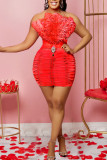 Red Sexy Solid Patchwork Feathers Fold Halter Pencil Skirt Dresses