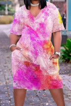 Rose Pink Casual Print Tie Dye Patchwork V Neck Short Sleeve Dress Plus Size Dresses