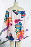 Roze casual print patchwork off-shoulder jurken