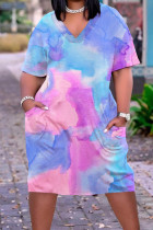 Blau Rosa Casual Print Tie Dye Patchwork V-Ausschnitt Kurzarmkleid Kleider in Übergröße