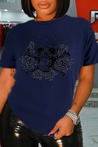 Marineblaue, lässig bedruckte Patchwork-Totenkopf-T-Shirts mit O-Ausschnitt