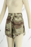 Army Green Casual Camouflage Print Tofs Patchwork Mid Waist Regular Denim Shorts