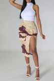 Aprikosenfarbene Street-Print-Patchwork-Hose mit Taschenschlitz, hoher Taille und geradem Volldruck